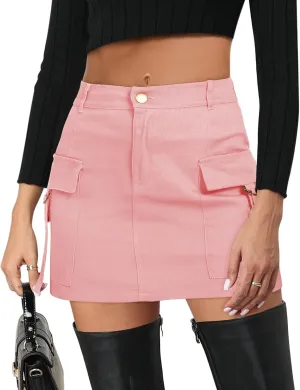 Zando High Waisted Cargo Mini Skirt Y2K Bodycon Denim Mini Skirt Y2K Jean Skirt with Pockets Y2K Button Cargo Skirt